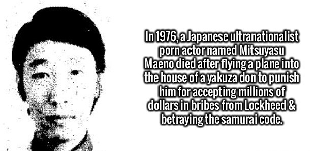 human behavior - In 1976, a Japanese ultranationalist porn actor named Mitsuyasu Maeno died after flying a plane into the house of a yakuza don to punish him for accepting millions of dollars in bribes from Lockheed & betraying the samurai code.