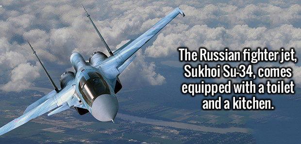 The Russian fighter jet, Sukhoi Su34, comes equipped with a toilet and a kitchen.