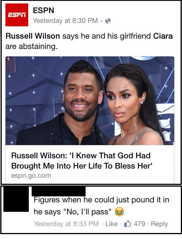 photo caption - Esen Espn Yesterday at Russell Wilson says he and his girlfriend Ciara are abstaining. Russell Wilson 'I Knew That God Had Brought Me Into Her Life To Bless Her' espn.go.com Figures when he could just pound it in he says "No, I'll pass" Ye