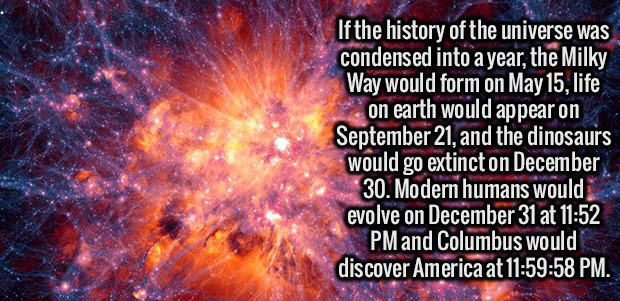 universe - If the history of the universe was condensed into a year, the Milky Way would form on May 15, life on earth would appear on September 21, and the dinosaurs would go extinct on December 30. Modern humans would evolve on December 31 at and Columb