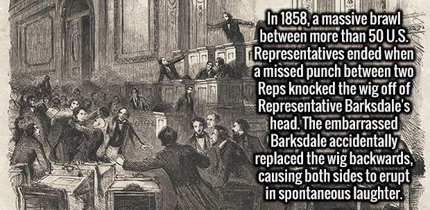 human behavior - In 1858, a massive brawl between more than 50 U.S. Representatives ended when a missed punch between two Reps knocked the wig off of Representative Barksdale's head. The embarrassed Barksdale accidentally replaced the wig backwards, causi