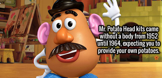 mr potato head toy story - Mr. Potato Head kits came without a body from 1952 until 1964, expecting you to provide your own potatoes.