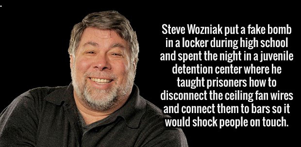 photo caption - Steve Wozniak put a fake bomb in a locker during high school and spent the night in a juvenile detention center where he taught prisoners how to disconnect the ceiling fan wires and connect them to bars so it would shock people on touch.