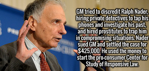 human behavior - Gm tried to discredit Ralph Nader, hiring private detectives to tap his phones and investigate his past, and hired prostitutes to trap him in compromising situations. Nader sued Gm and settled the case for $425,000. He used the money to s