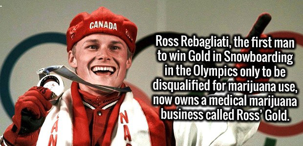 ross rebagliati olympics - Canada Mir Ross Rebagliati, the first man to win Gold in Snowboarding in the Olympics only to be disqualified for marijuana use, now owns a medical marijuana business called Ross' Gold.