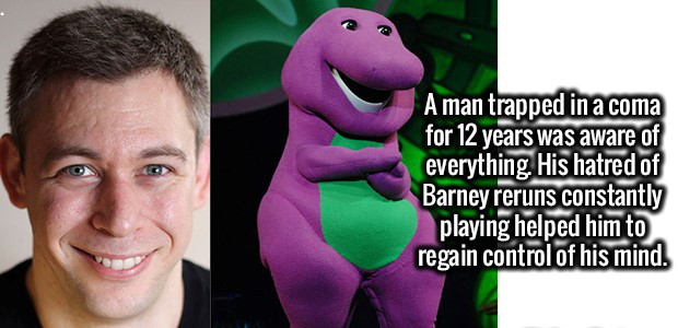 make your brain think - A man trapped in a coma for 12 years was aware of everything His hatred of Barney reruns constantly playing helped him to regain control of his mind.