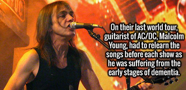 malcolm young playing guitar - On their last world tour, guitarist of AcDc, Malcolm Young, had to relearn the songs before each show as he was suffering from the early stages of dementia.