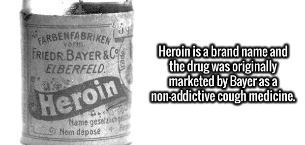 cylinder - Vorn Mfarbenfabriken La Friedr. Bayer&Co Elberfeld. on Heroin is a brand name and the drug was originally marketed by Bayer as a nonaddictive cough medicine. Name gesetzlich 9 Nom dpos