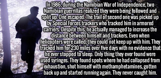 human - In 1986, during the Namibian War of Independence, two Namibian guerrillas realized they were being ed and split up. One escaped. The trail of second one was picked up by Special Forces trackers who tracked him in armored carriers. Despite this, he