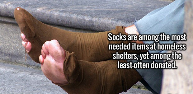wet socks - Socks are among the most needed items at homeless shelters, yet among the least often donated.