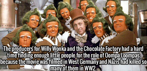 willy wonka old movie - The producers for Willy Wonka and the Chocolate Factory had a hard time finding enough little people for the role of Oompa Loompas because the movie was filmed in West Germany and Nazis had killed so many of them in WW2.