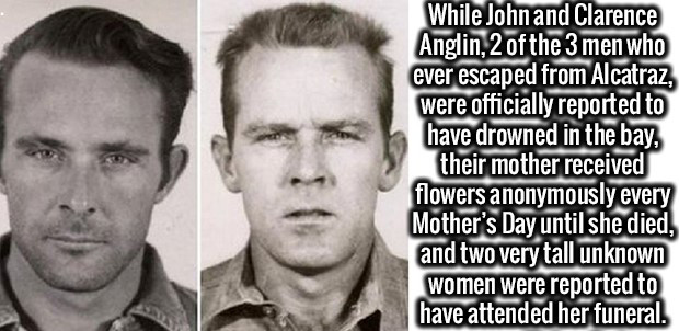 john and clarence anglin - While John and Clarence Anglin,2 of the 3 men who ever escaped from Alcatraz, were officially reported to have drowned in the bay, their mother received flowers anonymously every Mother's Day until she died, and two very tall un
