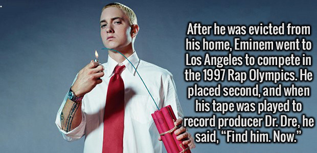 eminem slim shady - After he was evicted from his home, Eminem went to Los Angeles to compete in the 1997 Rap Olympics. He placed second, and when his tape was played to record producer Dr. Dre, he said, Find him. Now."