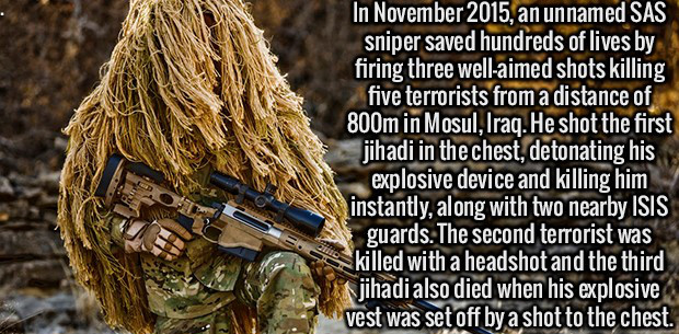 crazy facts in the world - In , an unnamed Sas sniper saved hundreds of lives by firing three wellaimed shots killing five terrorists from a distance of 800m in Mosul, Iraq. He shot the first jihadi in the chest, detonating his explosive device and killin