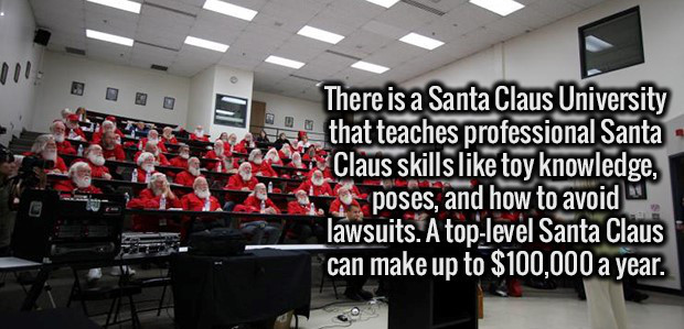 classroom - Si h There is a Santa Claus University that teaches professional Santa . Claus skills toy knowledge, poses, and how to avoid lawsuits. A toplevel Santa Claus can make up to $100,000 a year.