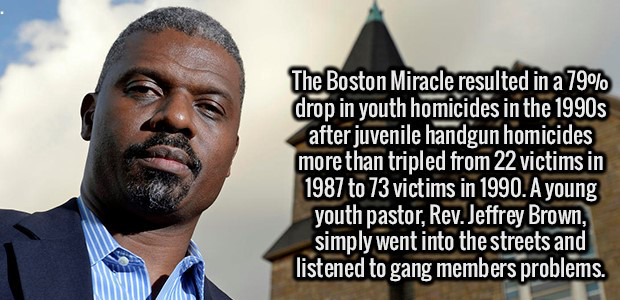 photo caption - The Boston Miracle resulted in a 79% drop in youth homicides in the 1990s after juvenile handgun homicides more than tripled from 22 victims in 1987 to 73 victims in 1990. A young youth pastor, Rev. Jeffrey Brown, simply went into the stre