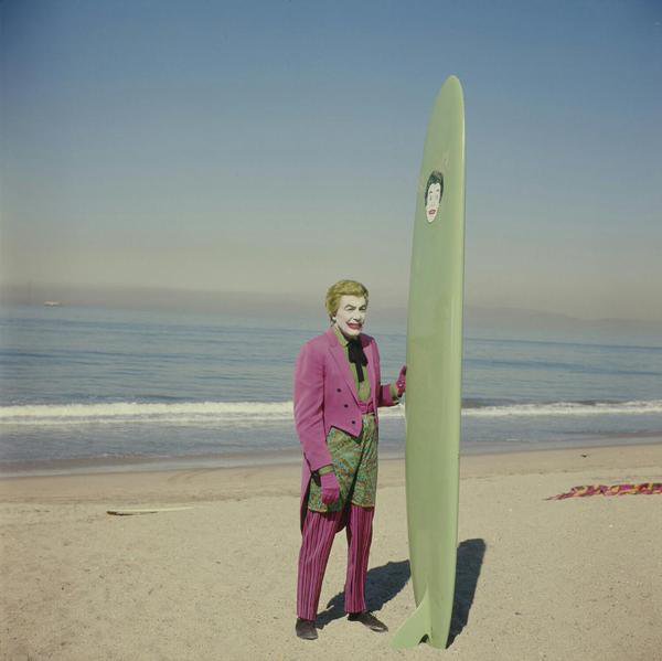Cesar Romero prior to filming his surfing scene with Adam West on "Batman", 1967.