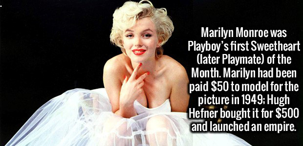 Marilyn Monroe was Playboy's first Sweetheart later Playmate of the Month. Marilyn had been paid $50 to model for the picture in 1949 Hugh Hefner bought it for $500 and launched an empire.