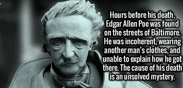 insane facts - Hours before his death, Edgar Allen Poe was found on the streets of Baltimore. He was incoherent, wearing another man's clothes, and unable to explain how he got there. The cause of his death is an unsolved mystery.