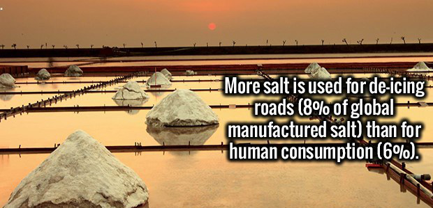 More salt is used for deicing roads 8% of global manufactured salt than for human consumption 6%.