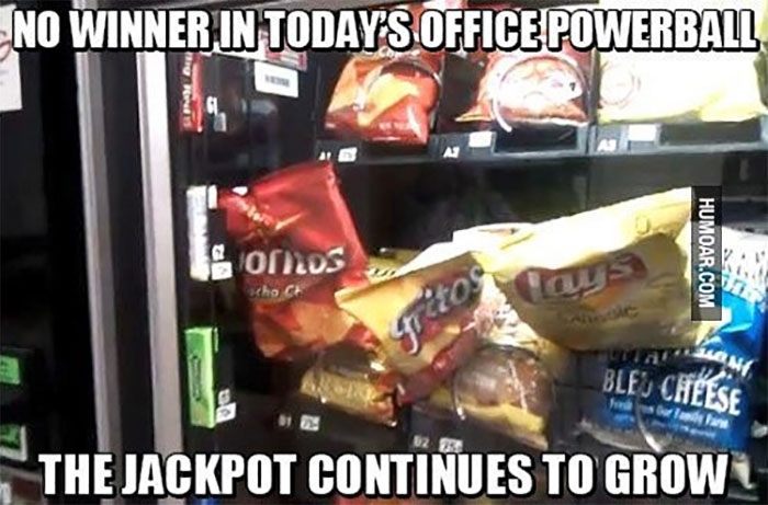work meme about a vending machine at work with trapped snacks