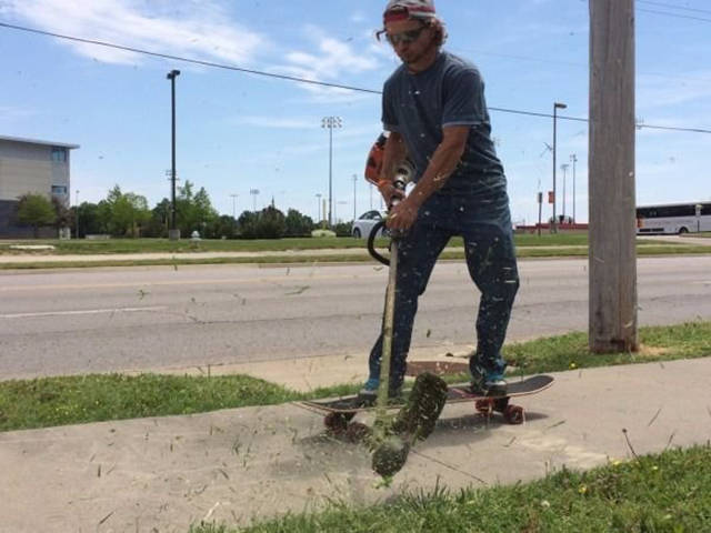 work meme with a skateboarder cutting grass
