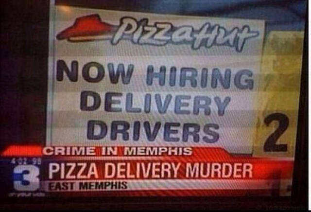 work meme showing a headline about delivery murder above an ad looking for new delivery workers