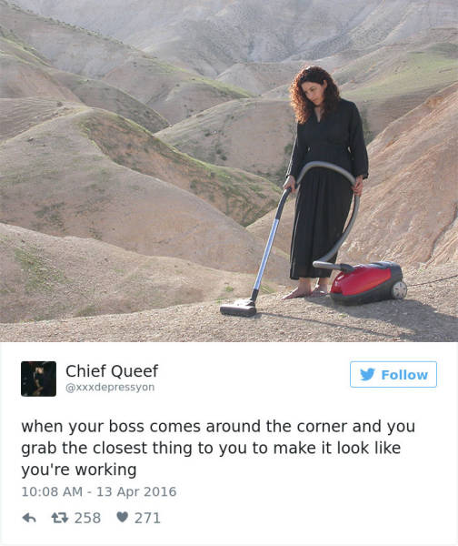 work meme about pretending to work with pic of woman vacuuming a desert