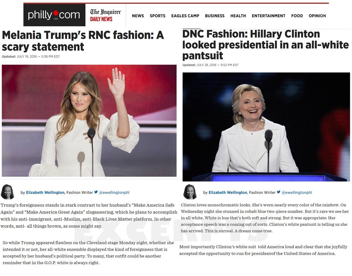 melania trump white dress racist - philly.com The Inquirer Daily News News Sports Eagles Camp Business Health Entertainment Food Opinion Melania Trump's Rnc fashion A scary statement Dnc Fashion Hillary Clinton looked presidential in an allwhite pantsuit 