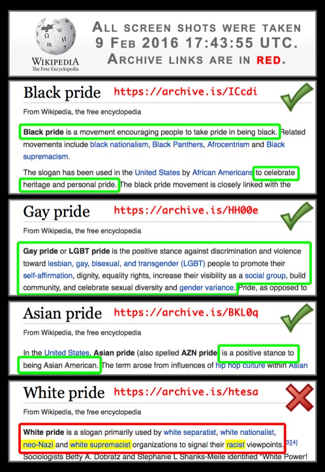 gay pride black pride white pride - 2W er All Screen Shots Were Taken 55 Utc. Archive Links Are In Red. Wikipedia The Free Encyclopedia Black pride From Wikipedia, the free encyclopedia Black pride is a movement encouraging people to take pride in being b