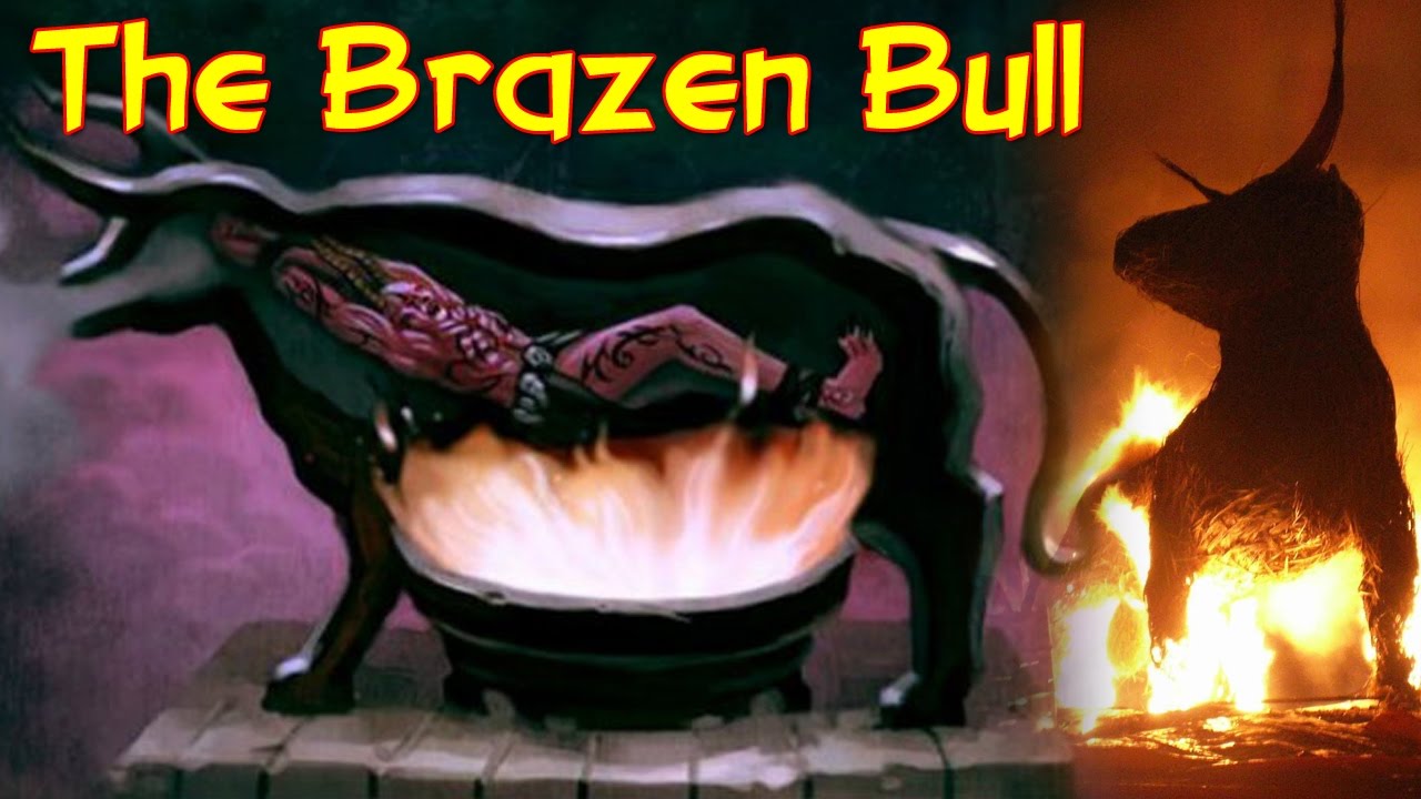 <h2>Perillos</h2></br>The brazen bull was a hollow, life sized bronze bull that could fit a man inside of it. Once inside the only way to draw a breath was from a ‘trumpet-like’ tube that was attached to the bull’s mouth (on the inside). Once the unfortunate was placed inside, a fire was lit underneath the bull rapidly heating the interior of the brazen bull. The victim’s breath’s soon turned to shrieks and screams but the clever design of the mouthpiece turned those shrieks into ‘bull-calls’. The inventor (Perillos) was roasted inside the bull by the guy he proposed the idea to (Phalaris), since he was so disgusted by Perillos’s idea to convert screams to bull-calls. He was taken out just before he died and thrown off a hill. The brazen bull was a popular attraction at parties. It was like magic to the guests who had no idea what was actually going on. To them it looked as if the bronze bull statue itself was making the noise in response to the fire beneath it.