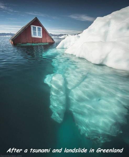 House sinking next to a huge ice berg after a a tsunami and landslide in Greenland