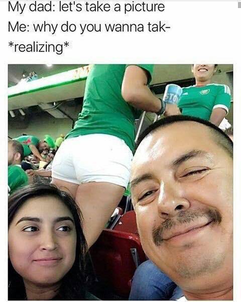 Meme of dad taking pic with daughter and there is hot girl behind them