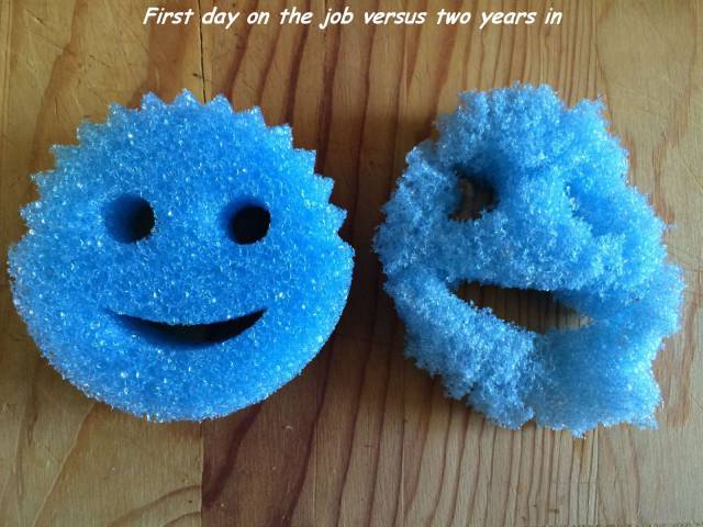 Smiley face sponge before and after 2 years apart, captioned as when you start your job vs finished.