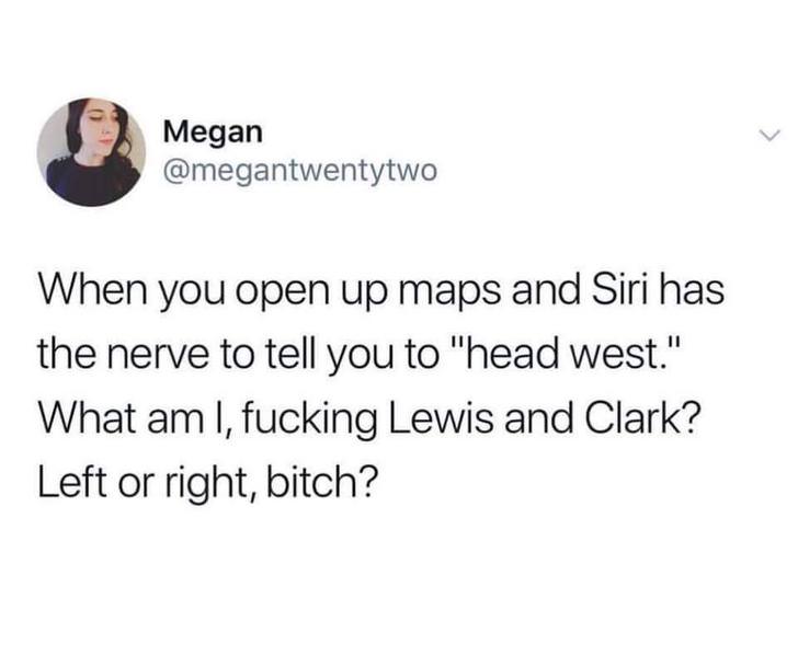 stepping off the plane meme - Megan When you open up maps and Siri has the nerve to tell you to "head west." What am I, fucking Lewis and Clark? Left or right, bitch?