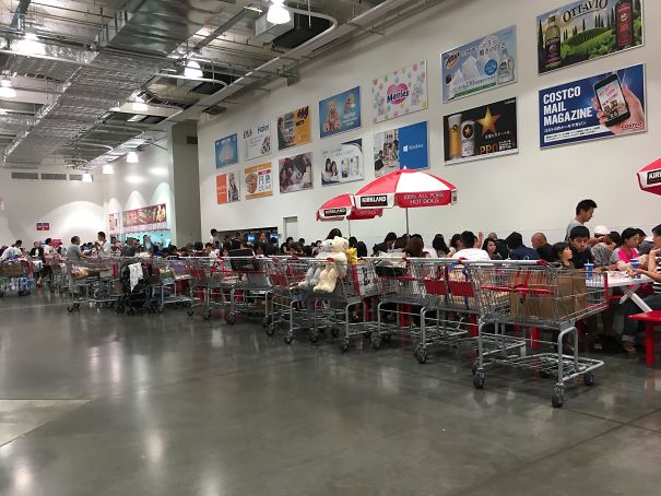Carts lined up nicely at food court in Costco.