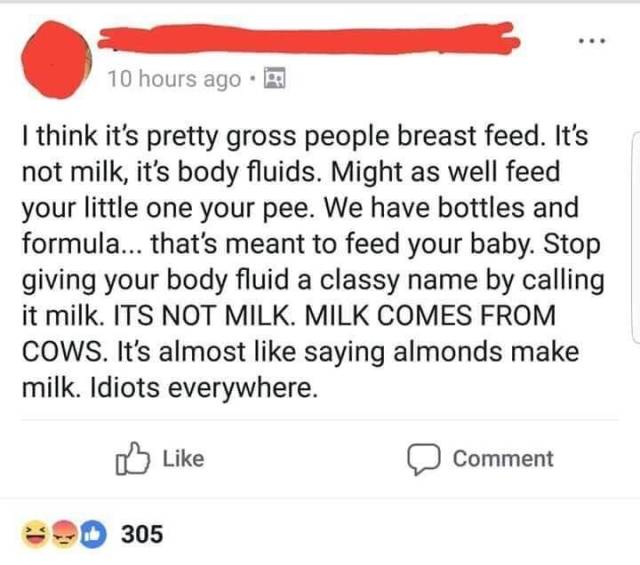 people being stupid online - 10 hours ago. I think it's pretty gross people breast feed. It's not milk, it's body fluids. Might as well feed your little one your pee. We have bottles and formula... that's meant to feed your baby. Stop giving your body flu