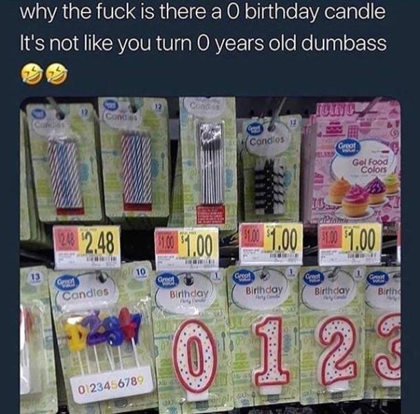 there a 0 birthday candle - why the fuck is there a O birthday candle It's not you turn 0 years old dumbass Icic Cano Sco Candios Gol Food colors 28 12,48 1.00 1.00 100 51.00 13 le 10 A Birthday Great Birthday Birthd I candles Birthday 0123456789