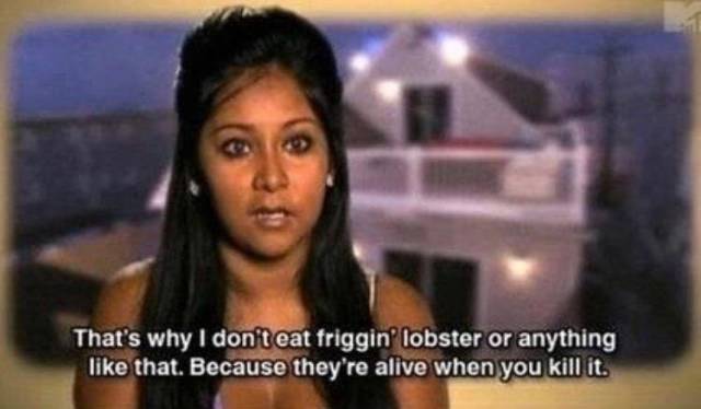 snooki meme - That's why I don't eat friggin' lobster or anything that. Because they're alive when you kill it.