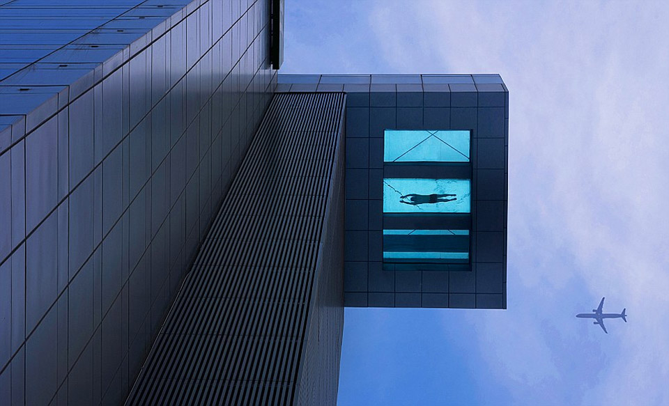 With glass bottom outside the building
