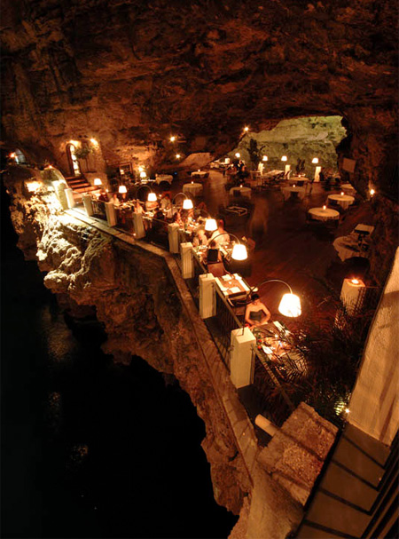 Cave restaurant is located underneath the Grotta Palazzese hotel in a small town of Polignano a Mare, Italy.