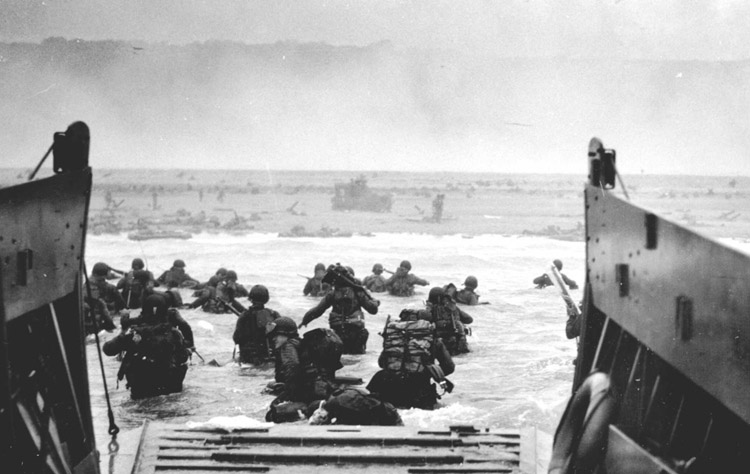 U.S. Army troops wade ashore during the D-Day Normandy landings on June 6, 1944.