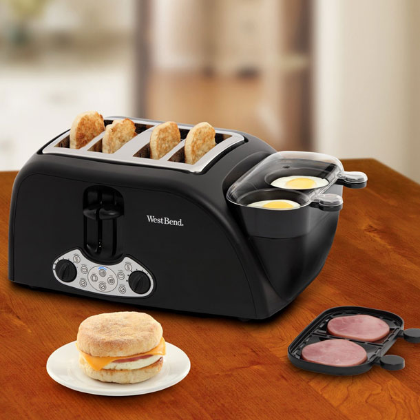 West Bend TEM4500W Egg and Muffin Toaster-Egg and Muffin toastser, 4 wide slots with high-toast lift to accommodate bagels, breads and croissants, defrost function with light to dark control settings, egg cooker can steam poach or scramble eggs in about 4 minutes.