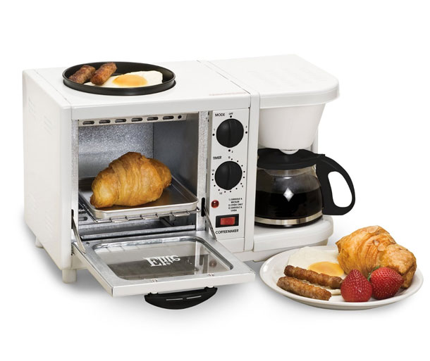 Maxi-Matic Elite Cuisine 3 in 1 Breakfast Station- compact unit features a Toaster Oven with a 15 minute timer control and indicator light, a 4-cup capacity coffeemaker with a swing-out filter compartment and a six inch diameter frying griddle perfect for frying eggs and other breakfast foods.