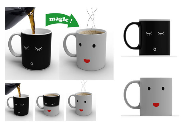 Magical Mug-The cold mug displays the sleeping face white on black. When you pour in the hot coffee, the mugs appearance quickly changes. Within a minute, the black mug has become completely white and the face will have awoken to greet you. What a way to start the day!
