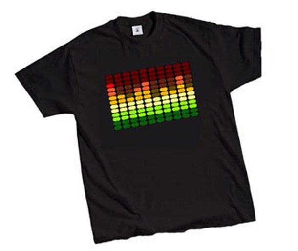 LED Sound Activated E-Q Raver T-Shirt-As the music beats, the equalizer moves to the beat of the music! Each frequency of music will activate a different equalizer bar, just like the equalizer on your stereo at home!