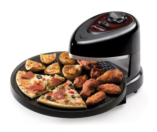 Presto 03430 Pizzazz Pizza Oven-This 1,235-watt countertop oven makes pizza in about half the time required by a conventional oven. You dont need to preheat itit begins rotating and baking the moment you plug it in. There are independently controlled top and bottom heating elements