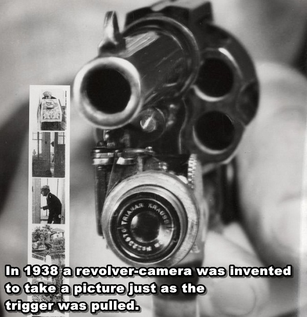 Awesome fact from 1938 of a revolver that had a camera attached to it to take pictures whenever it was fired.