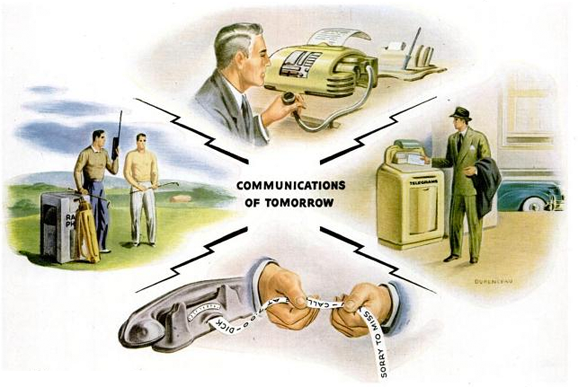 Communications of Tomorrow February 1946 - From left, clockwise: A golfer uses a mobile phone that looks uncannily like an early Motorola brick, a businessman dictates into his auto-voice-recognition-printer, a road warrior takes advantage of a street-corner fax machine, and someone checks a message courtesy of the answering feature built into his phone. Not all of this came true, but some of it did. Come to think of it, speech-to-text voicemail conversion is one of Google Voices killer features, and it only took sixty-three years for it to get here.