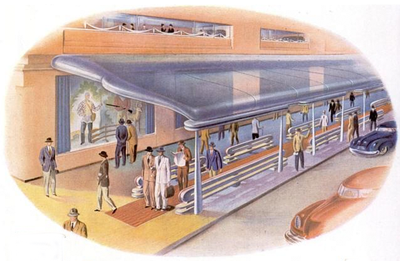 Shopping Comfort October 1945 - Pedestrians of tomorrow all of who will apparently be men in hatswill rejoice when cities build moving walkways, cool them with hidden pipes, and cover them with transparent canopies. This reminds me of A The Jetsons and B Las Vegas.